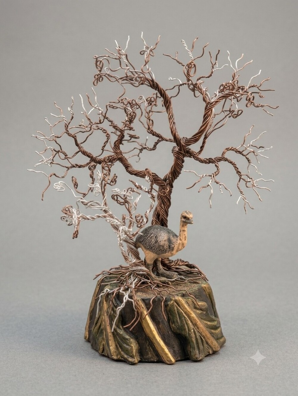 Handmade Twisted Wire Bonsai Tree Sculpture with Miniature Rhea/Emu Figurine